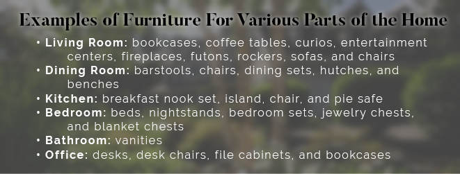 Examples of furniture for various parts of the home. 