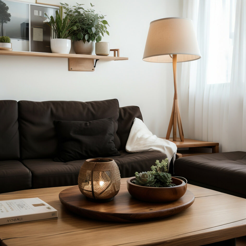 Small living room with light wood table, airy curtains, and minimalist decor to feel larger.