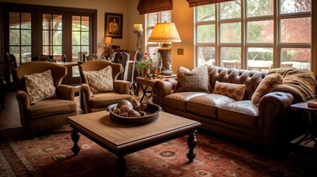 Traditional living room with tufted leather sofa, carved coffee table, and patterned rug.