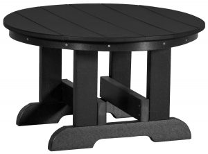 Black round poly outdoor dining table with sturdy base.