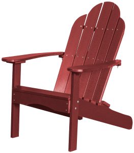 Red poly Adirondack chair with wide arms and a slatted, reclined back.