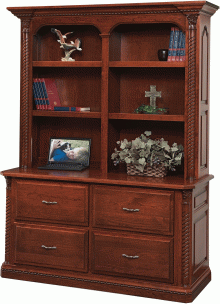 double wooden bookcase with drawers