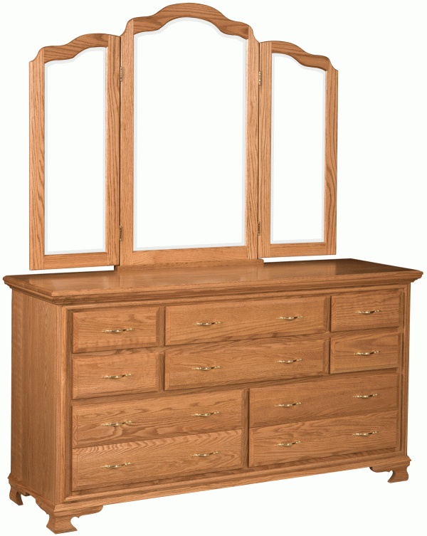 Light wooden dresser with triple mirror
