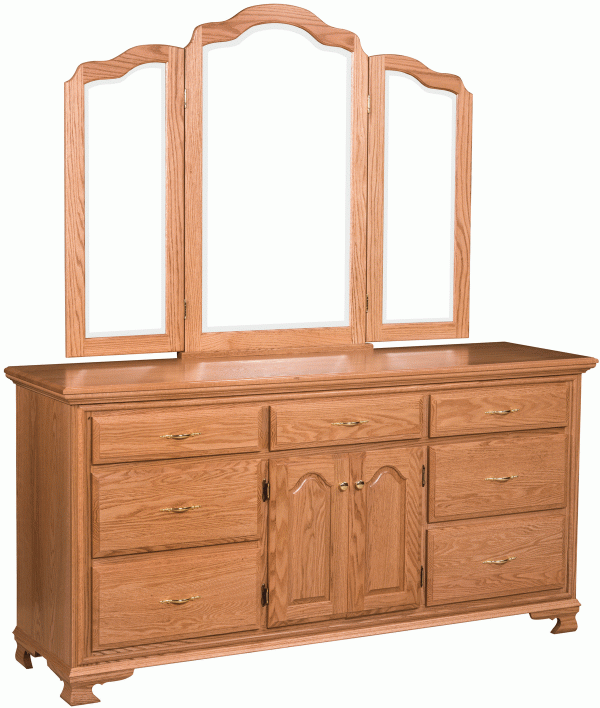 Light wooden dresser with triple mirror