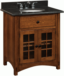 Thin wooden vanity with black counter