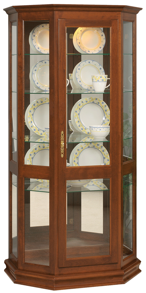 Enclosed wooden curio with glass windows and shelves
