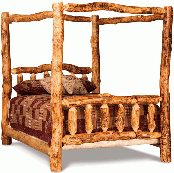 Rustic Wood Canopy 4 Post Bed With Maroon Quilt