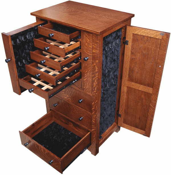 Brown Maple Jewelry Chest With Dark Hardware With Drawers Open