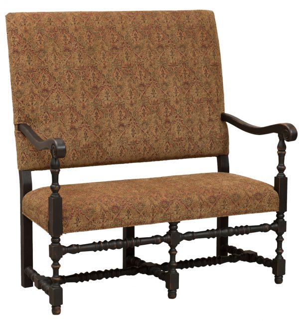 Early American Wood Bench With Brown Patterned Upholstery