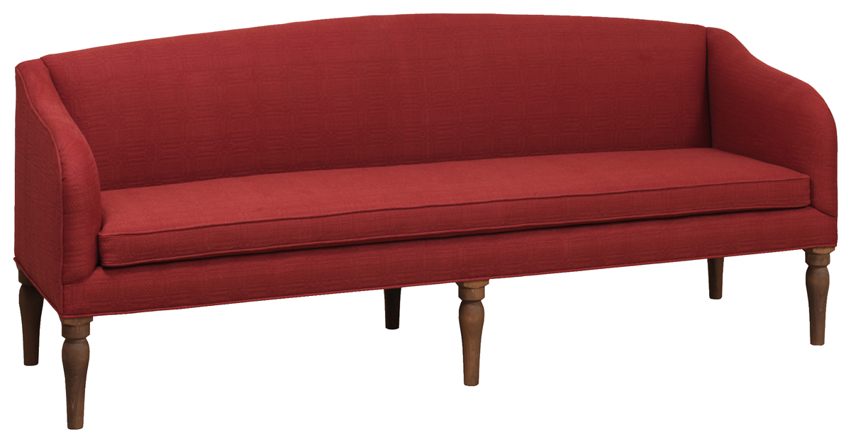 3265 Long Red Upholstered Couch With Spindle Legs