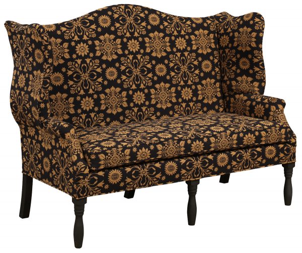 Black and Gold Patterned Upholstered Bench With Tall Back