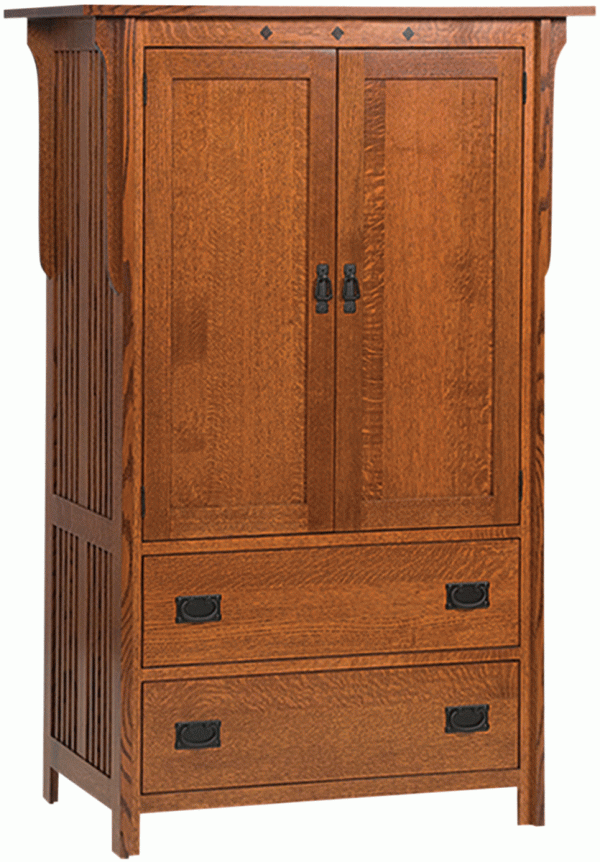 Wood Armoire With Two Drawers And Black Hardware