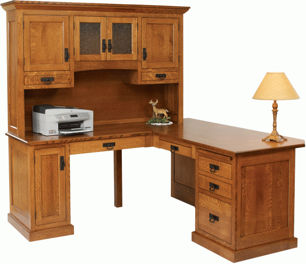 Wooden Corner Desk with Overhead Compartments