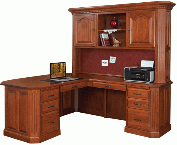 wooden executive desk with overhead cabinets