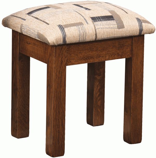 short wooden stool with pattered upholstery