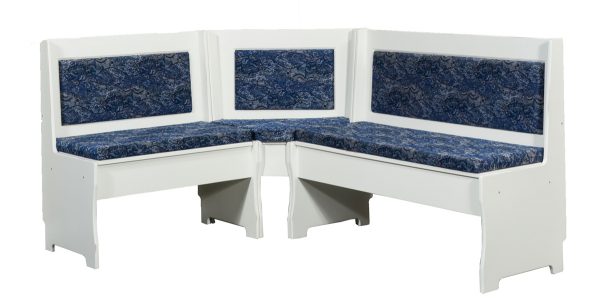 white corner bench seating with blue upholstery
