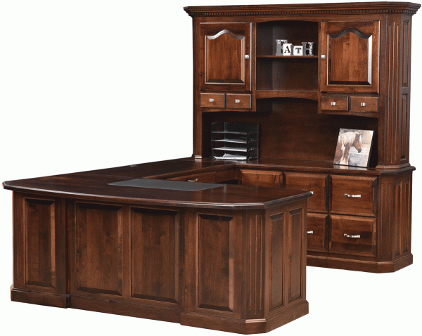 wooden U desk with overhanging cabinets