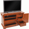 small wooden tv stand with opened cabinets and drawers