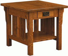 square wooden end table with large metal handle and rails