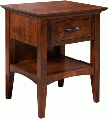 a small, wooden end table with a drawer and shelf