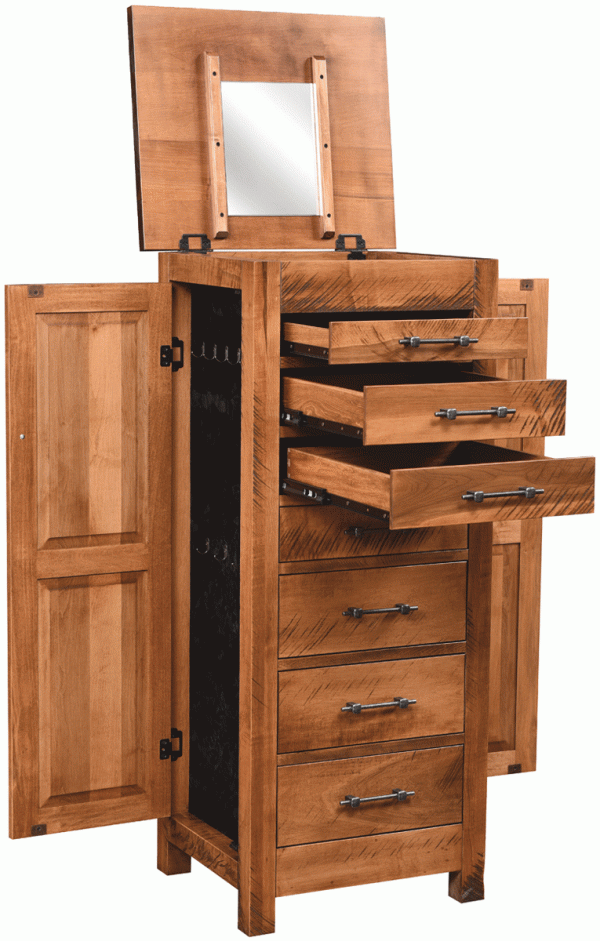 A tall, wooden cabinet with opened drawers