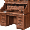 A sturdy, wooden desk with multiple drawers for storage