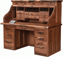 A sturdy, wooden desk with multiple drawers for storage