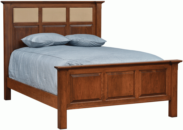 A wooden bed frame with a blue mattress and blue pillows