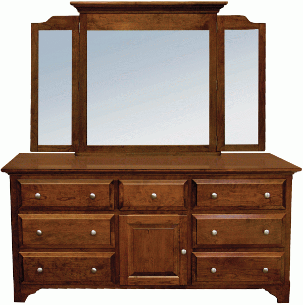 A wooden dresser with drawers and a 3-panel mirror on top