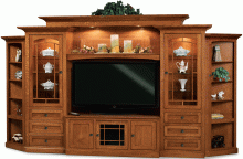 A large, wooden TV display case with large glass doors, multiple drawers, and ample storage space