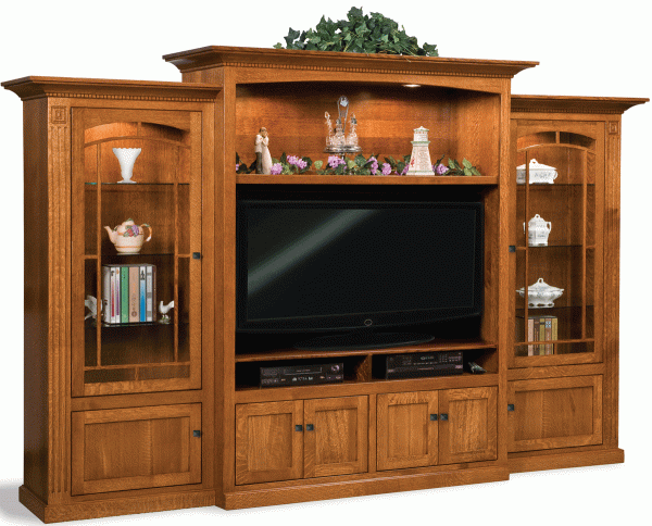 A large, wooden TV display case with large glass doors, multiple drawers, and ample storage space