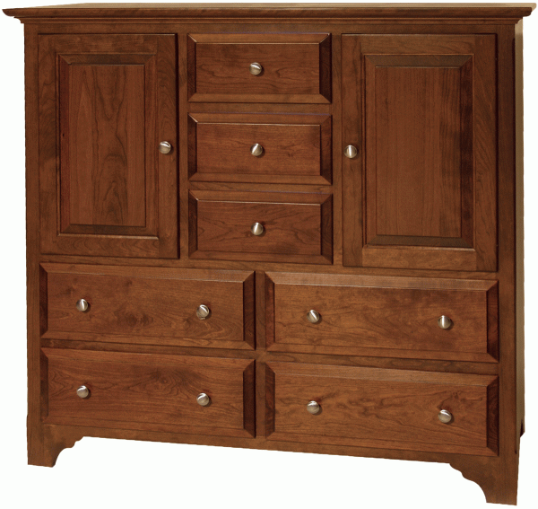 A wooden dresser with 2 doors, 4 full drawers, and 3 half drawers