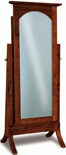 A long, full-body wooden mirror