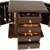 A small, dark wooden dresser with drawers