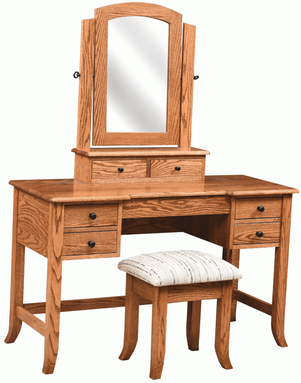 A wooden table with a stool, drawers, and a mirror
