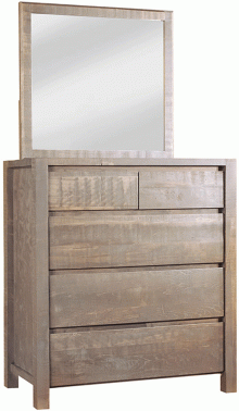 A light, wooden dresser with 5 drawers and a mirror