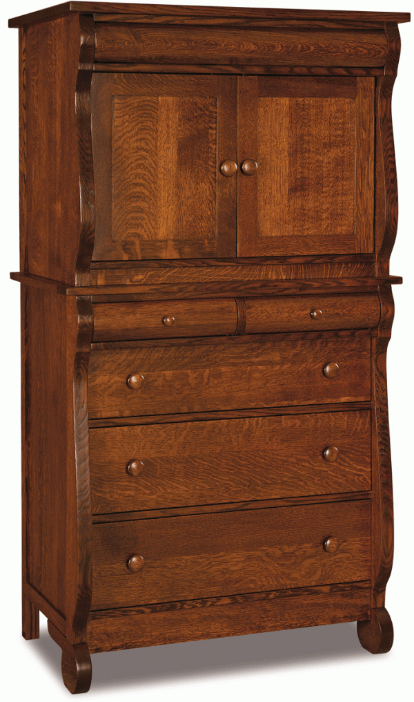 A wooden dresser with doors and drawers