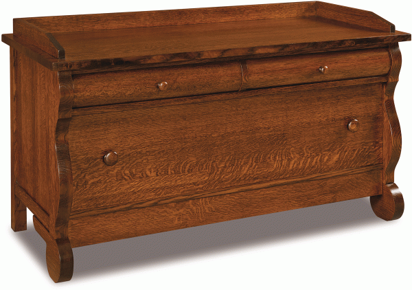 A wooden chest with a place to sit and 3 drawers
