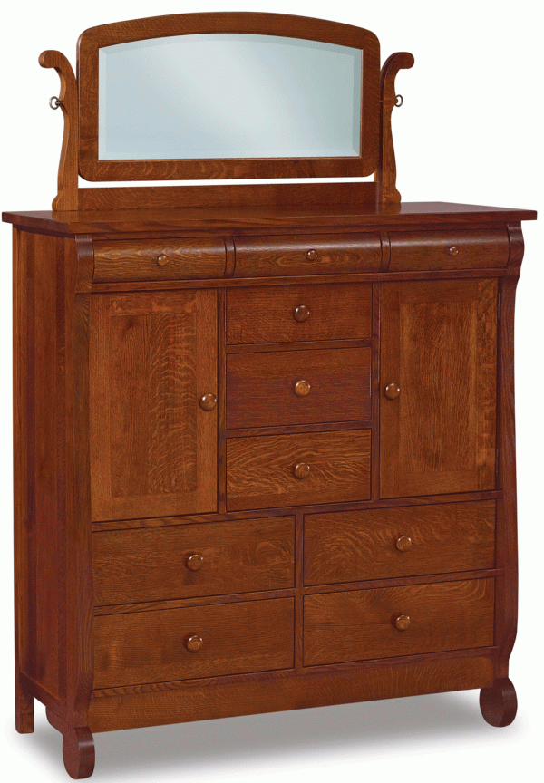 A wooden chest with 2 doors, 10 drawers, and a mirror