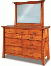 wooden dresser with 9 drawers and a mirror