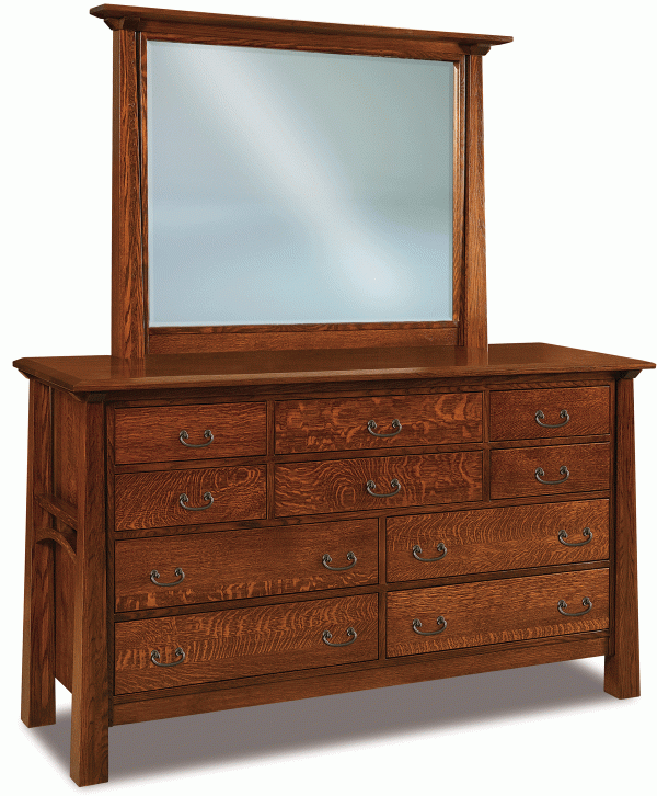 wooden dresser with 4 full drawers, 6 half drawers, and a mirror