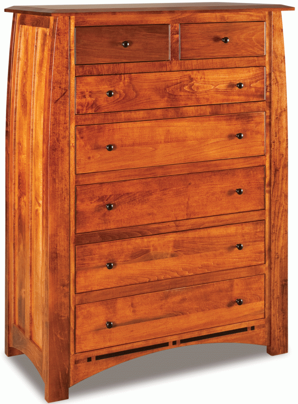 light wooden dresser with 2 half drawers and 5 full drawers