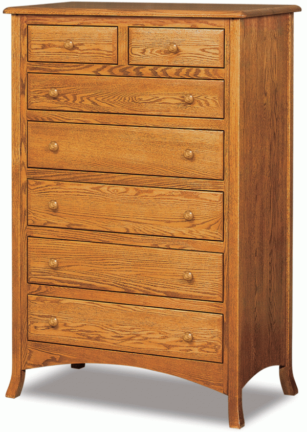 light wooden dresser with 5 full drawers and 2 half drawers