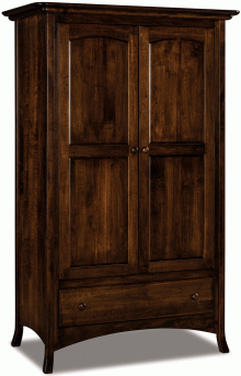 dark wooden cabinet with 2 large doors and 1 drawer