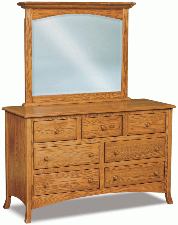 light wooden dresser with a mirror and 7 drawers