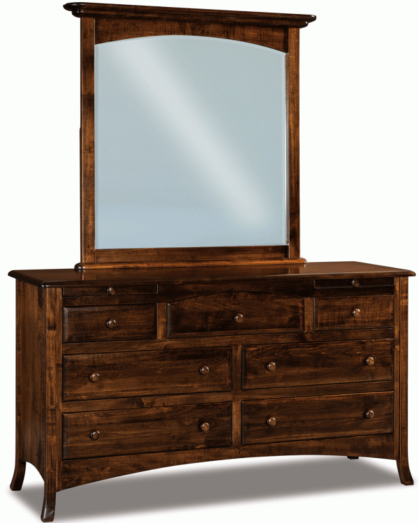dark wooden dresser with drawers and a mirror