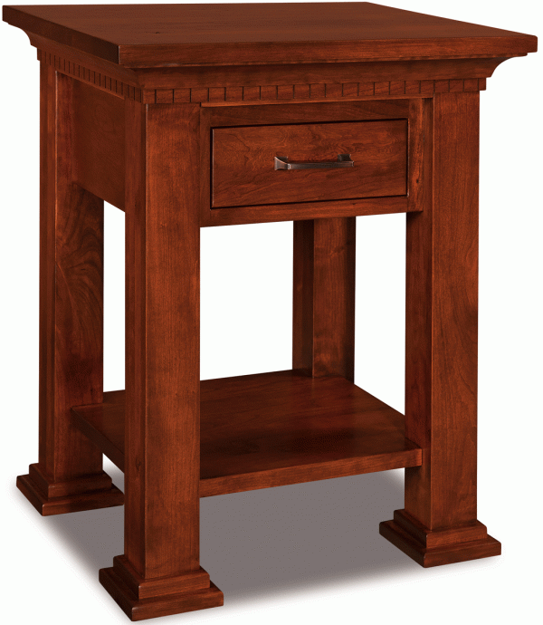 red wooden end piece with one drawer a strorage cubby