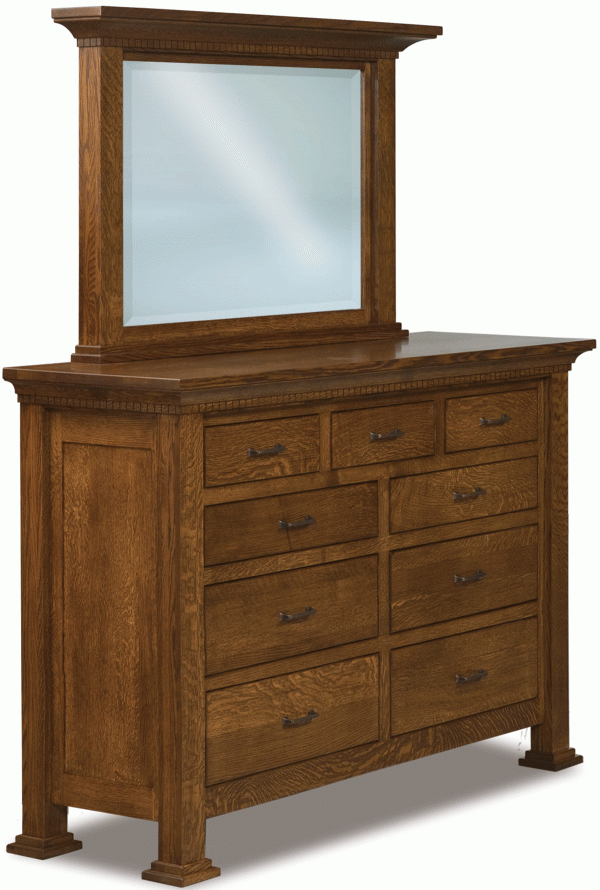 light wooden dresser with 11 drawers and a mirror