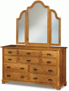 light brown wooden dresser with drawers and a 3-panel mirror
