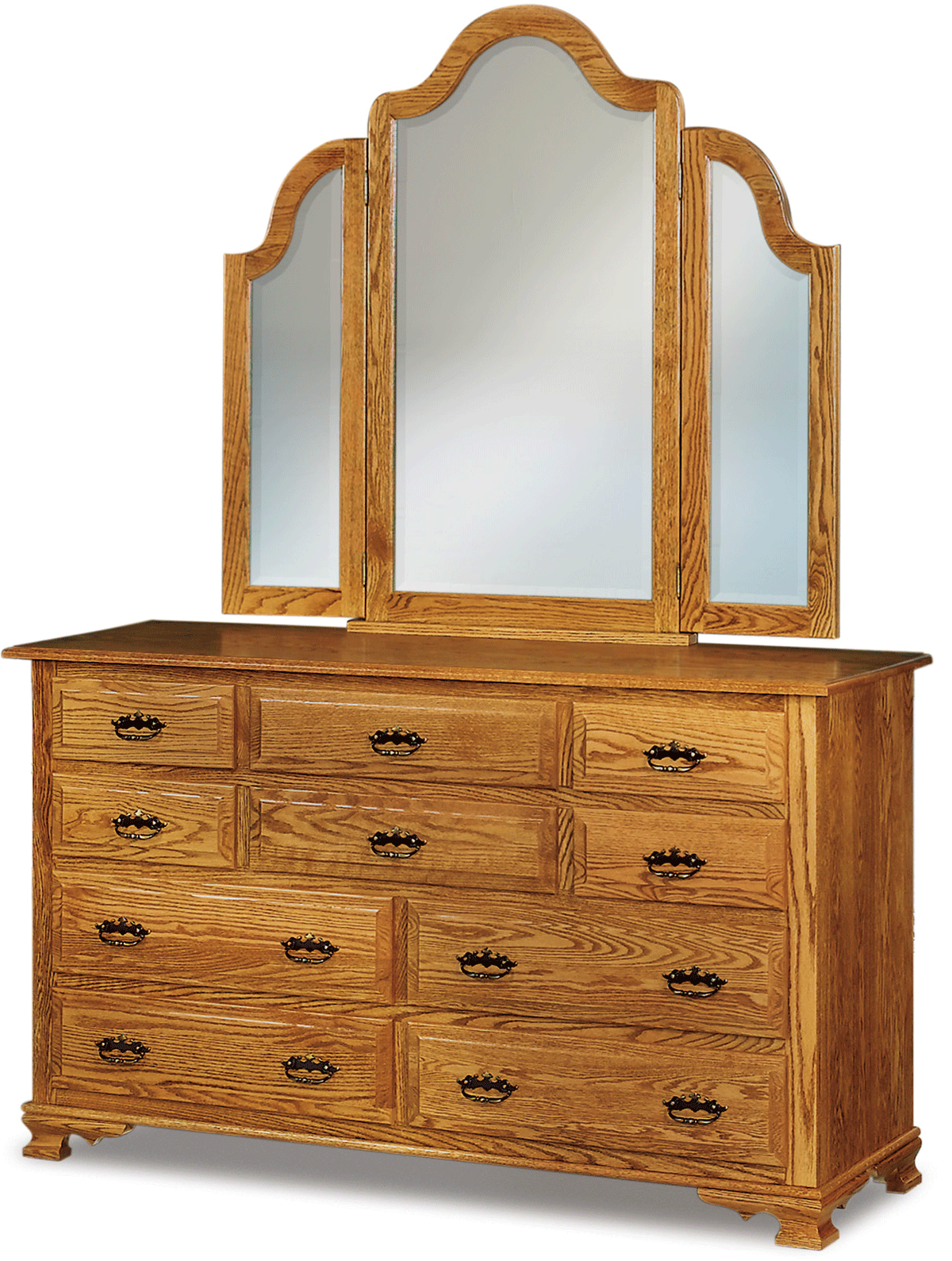4473 light brown wooden dresser with drawers and a 3-panel mirror